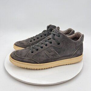 Hogan Men Size 7.5 Grey Suede Emboss Logo White Sole Mid Top Lace Up Shoes